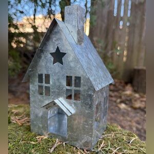 Metal Silver House Lantern with Star Cutout